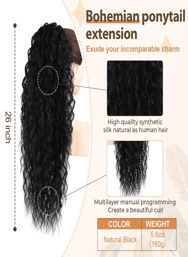 Flufymooz Ponytail Extension, 26 Inch Bohemian Style Drawstring Ponytail Hair Extensions for Women, Long Curly Wavy Pony Tail Natural Synthetic Hairpiece for Women (26 Inch Natural Black) - Image 2
